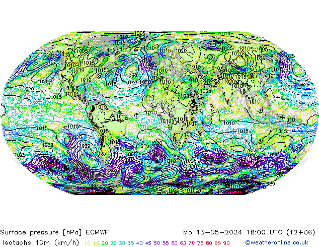 Isotachen (km/h) ECMWF ma 13.05.2024 18 UTC