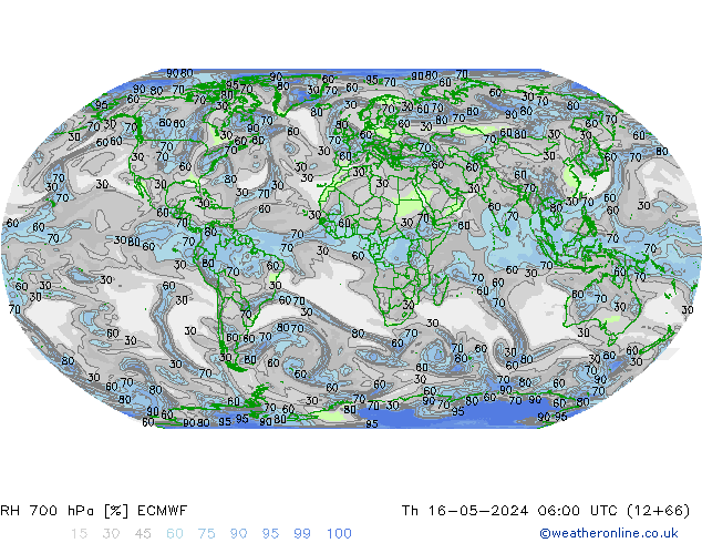Humedad rel. 700hPa ECMWF jue 16.05.2024 06 UTC