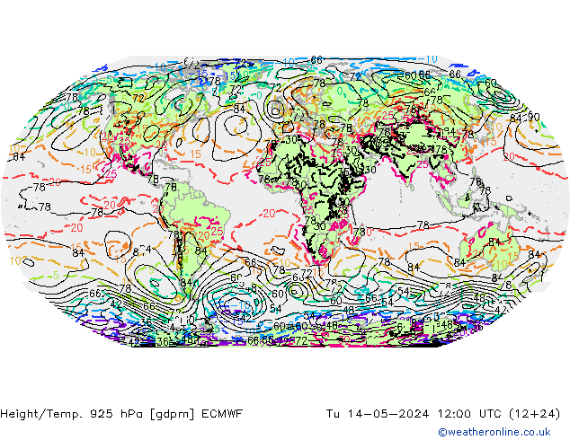 Height/Temp. 925 hPa ECMWF wto. 14.05.2024 12 UTC