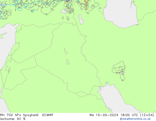 RH 700 hPa Spaghetti ECMWF Qua 15.05.2024 18 UTC