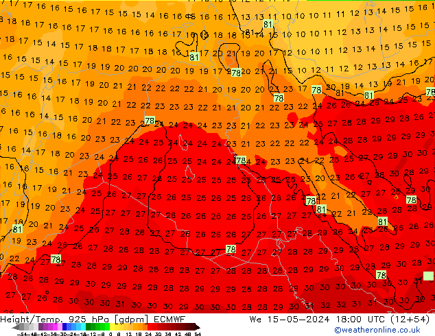 Height/Temp. 925 hPa ECMWF śro. 15.05.2024 18 UTC