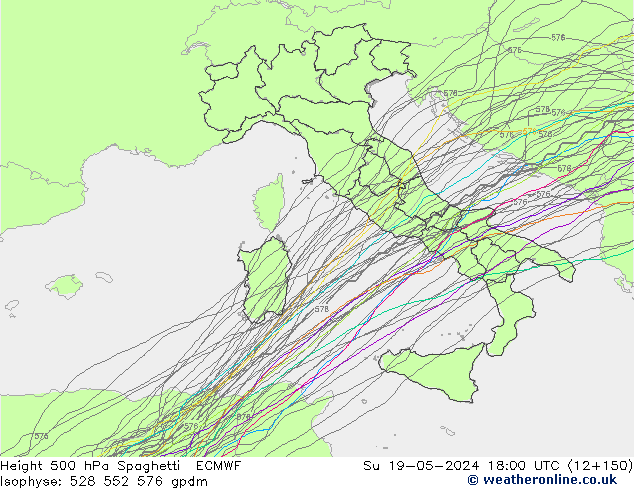 Height 500 hPa Spaghetti ECMWF  19.05.2024 18 UTC