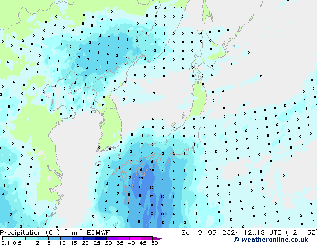 Precipitation (6h) ECMWF Su 19.05.2024 18 UTC