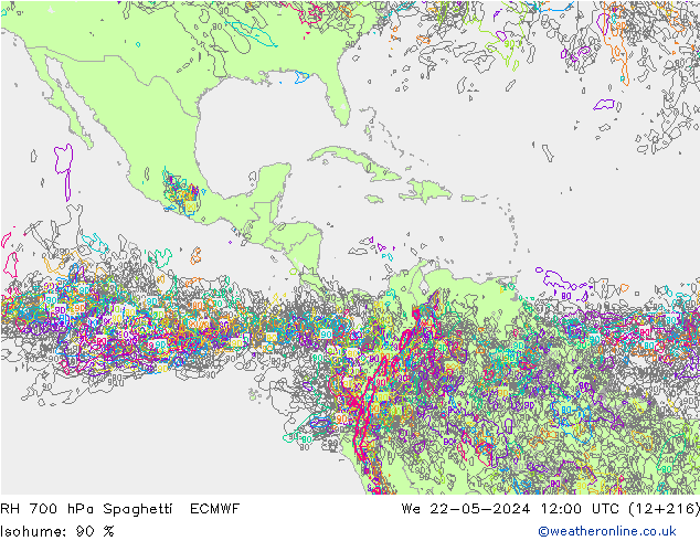 Humedad rel. 700hPa Spaghetti ECMWF mié 22.05.2024 12 UTC