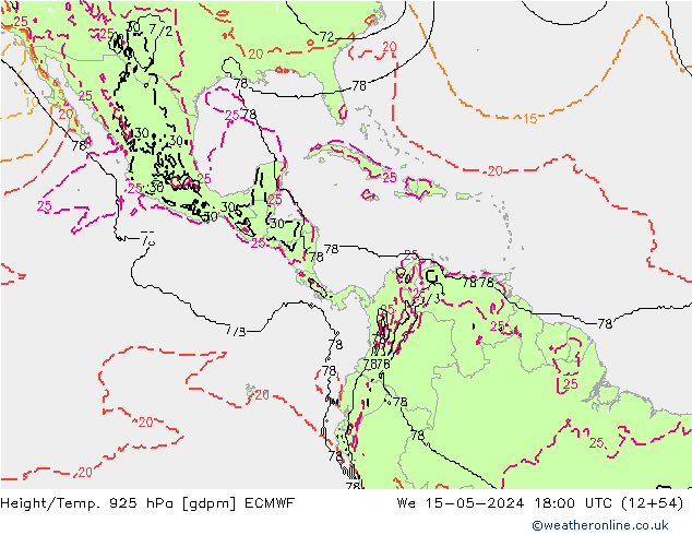 Height/Temp. 925 hPa ECMWF mer 15.05.2024 18 UTC