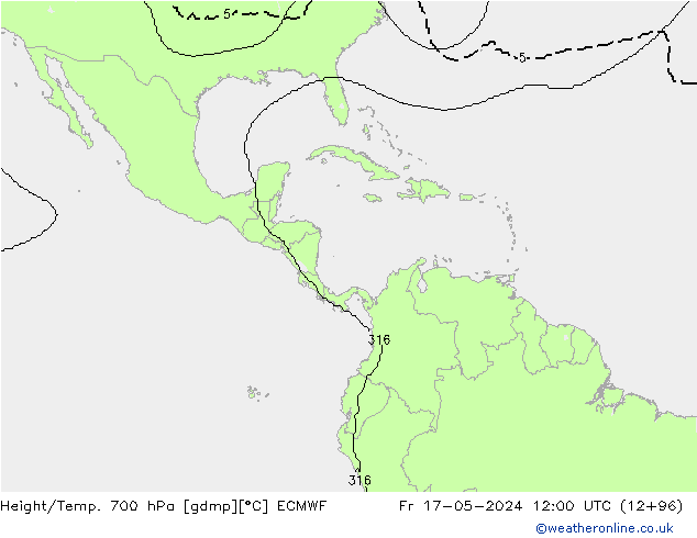 Hoogte/Temp. 700 hPa ECMWF vr 17.05.2024 12 UTC