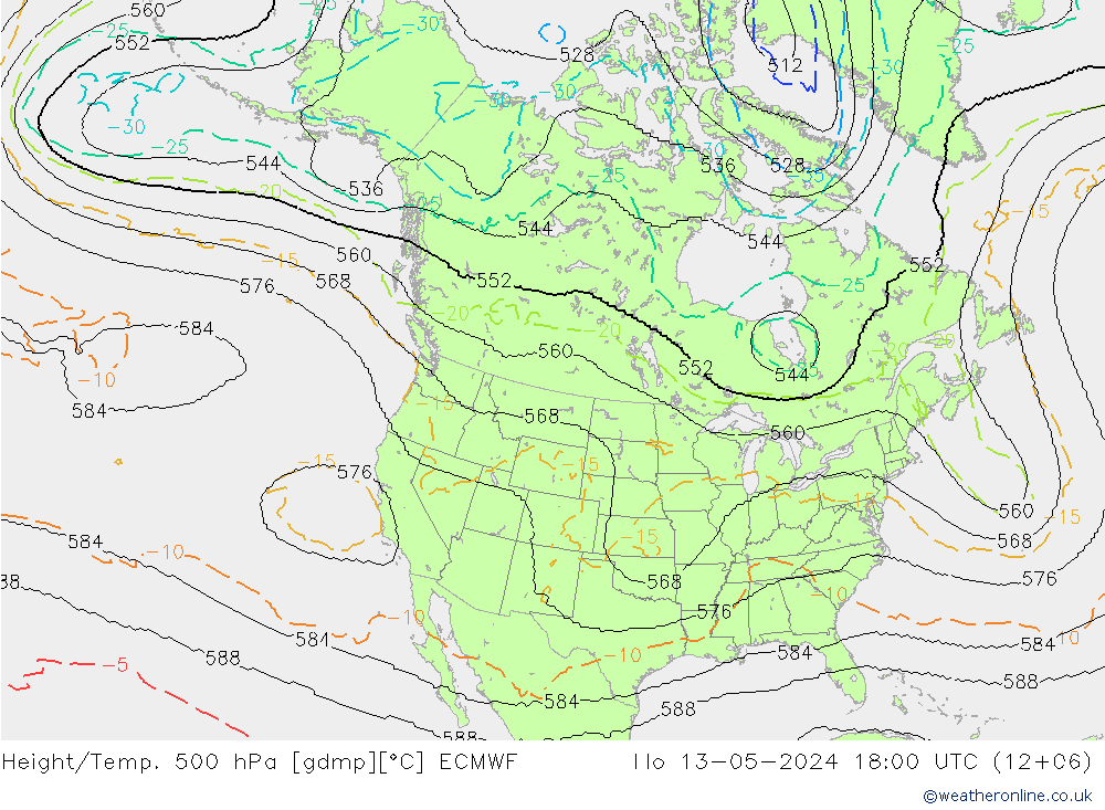 Geop./Temp. 500 hPa ECMWF lun 13.05.2024 18 UTC