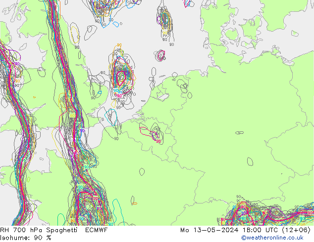 RH 700 hPa Spaghetti ECMWF 星期一 13.05.2024 18 UTC