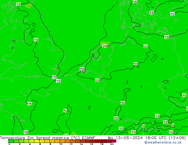 Temperatuurkaart Spread ECMWF ma 13.05.2024 18 UTC
