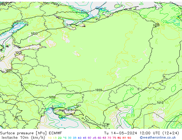 Isotachs (kph) ECMWF вт 14.05.2024 12 UTC