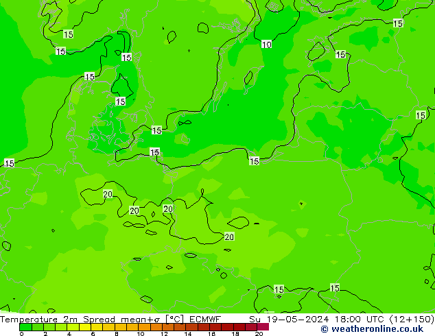 Temperature 2m Spread ECMWF Su 19.05.2024 18 UTC