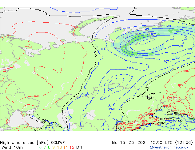 High wind areas ECMWF Mo 13.05.2024 18 UTC