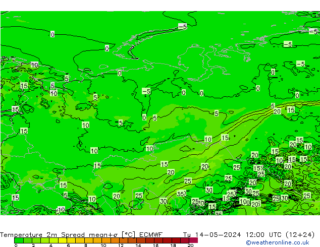Temperatura 2m Spread ECMWF Ter 14.05.2024 12 UTC