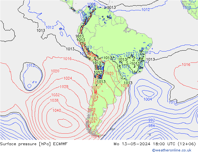 pressão do solo ECMWF Seg 13.05.2024 18 UTC