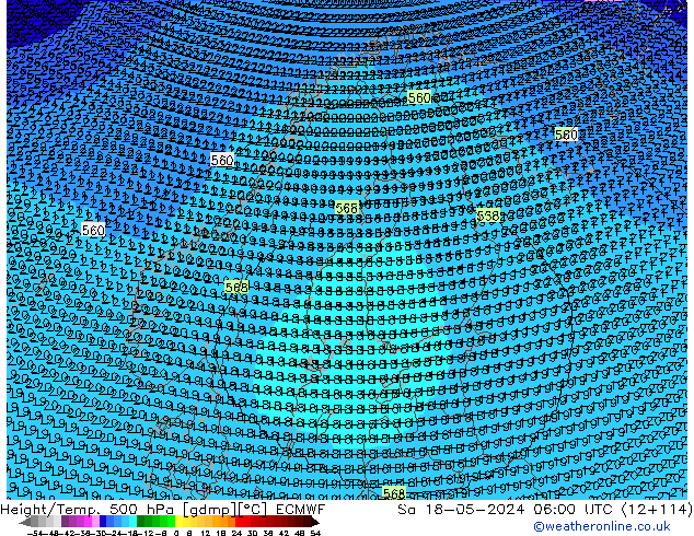 Hoogte/Temp. 500 hPa ECMWF za 18.05.2024 06 UTC