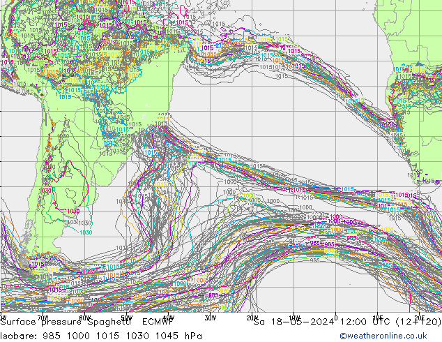 Pressione al suolo Spaghetti ECMWF sab 18.05.2024 12 UTC