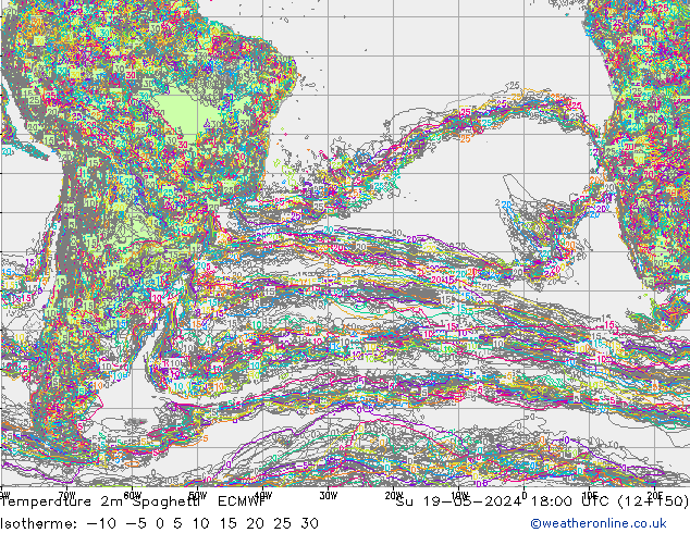 Temperature 2m Spaghetti ECMWF Su 19.05.2024 18 UTC