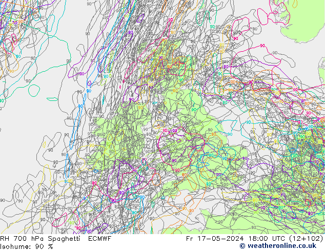 Humidité rel. 700 hPa Spaghetti ECMWF ven 17.05.2024 18 UTC