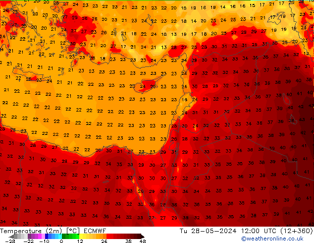 mapa temperatury (2m) ECMWF wto. 28.05.2024 12 UTC