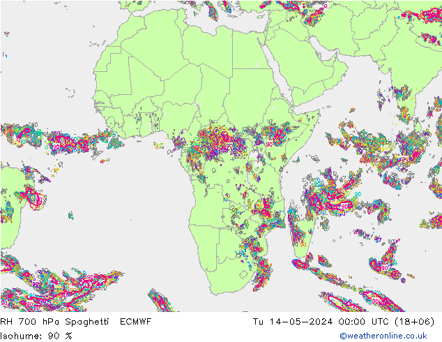 RH 700 hPa Spaghetti ECMWF Tu 14.05.2024 00 UTC