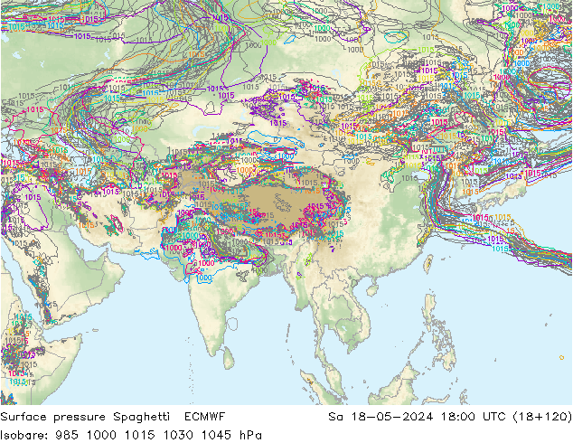 Pressione al suolo Spaghetti ECMWF sab 18.05.2024 18 UTC