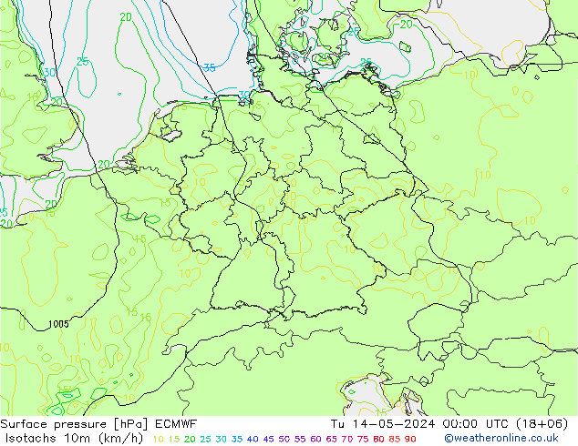 Isotaca (kph) ECMWF mar 14.05.2024 00 UTC