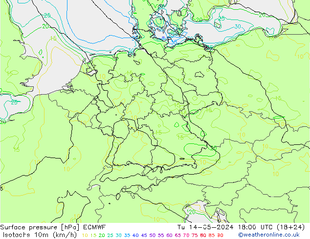 10米等风速线 (kph) ECMWF 星期二 14.05.2024 18 UTC