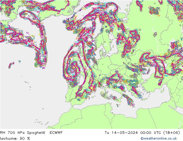 RH 700 hPa Spaghetti ECMWF Út 14.05.2024 00 UTC