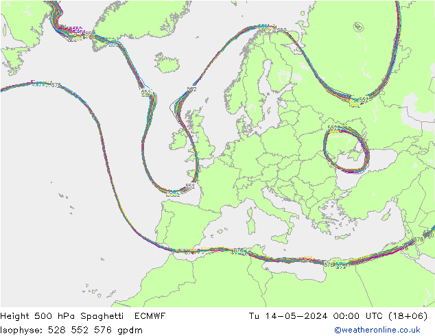 Height 500 hPa Spaghetti ECMWF Tu 14.05.2024 00 UTC
