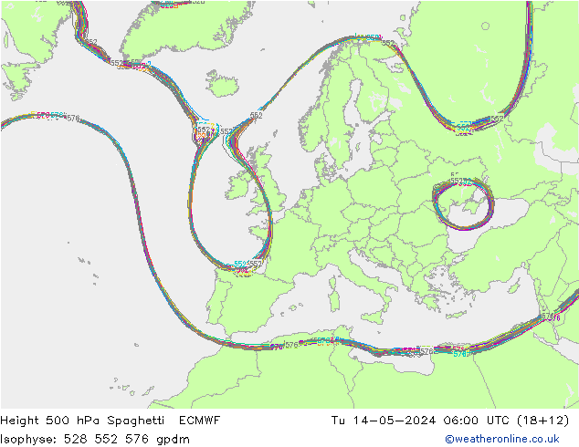 Height 500 hPa Spaghetti ECMWF Tu 14.05.2024 06 UTC