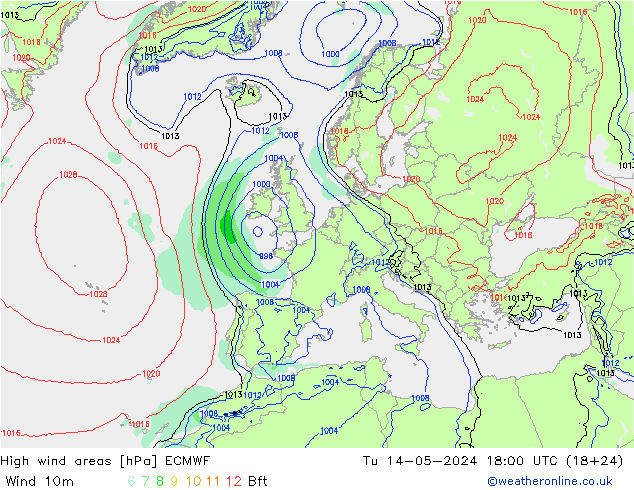 High wind areas ECMWF 星期二 14.05.2024 18 UTC