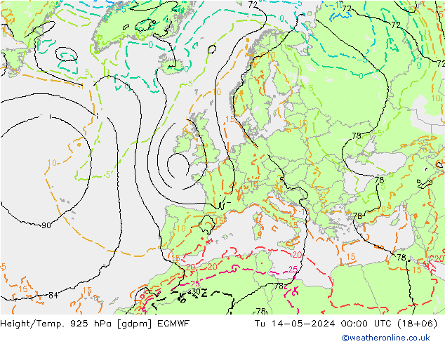 Height/Temp. 925 hPa ECMWF wto. 14.05.2024 00 UTC