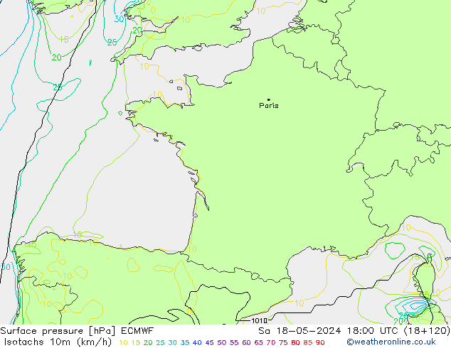Isotachs (kph) ECMWF Sa 18.05.2024 18 UTC