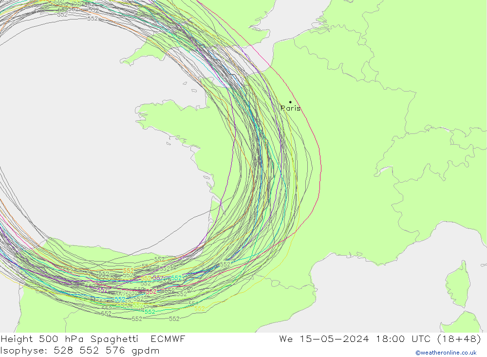 Height 500 hPa Spaghetti ECMWF Mi 15.05.2024 18 UTC