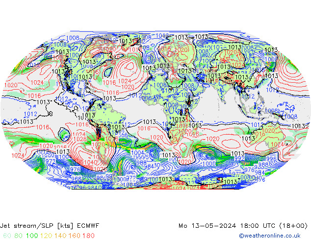 Jet stream/SLP ECMWF Po 13.05.2024 18 UTC