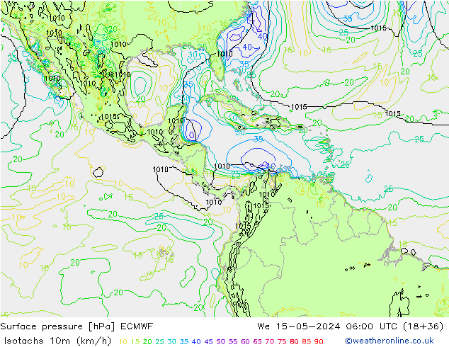 Isotachen (km/h) ECMWF wo 15.05.2024 06 UTC
