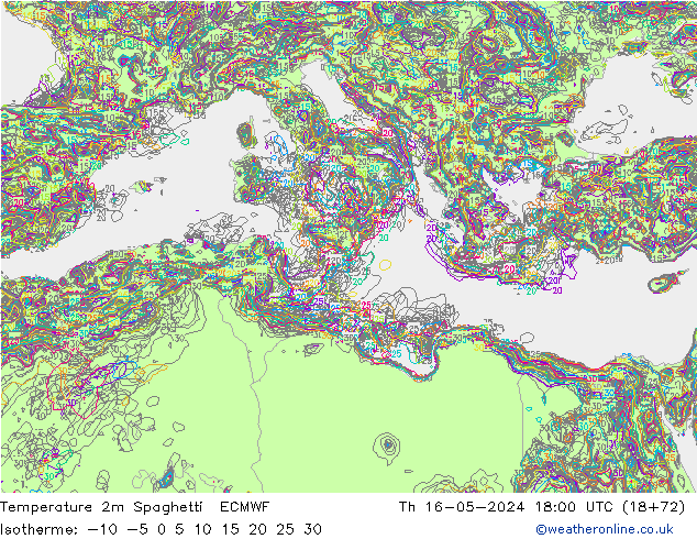 Temperature 2m Spaghetti ECMWF Th 16.05.2024 18 UTC