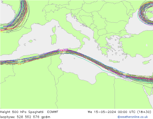 Height 500 hPa Spaghetti ECMWF Qua 15.05.2024 00 UTC