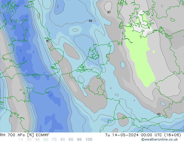 Humedad rel. 700hPa ECMWF mar 14.05.2024 00 UTC