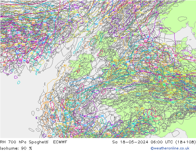 RH 700 hPa Spaghetti ECMWF Sa 18.05.2024 06 UTC