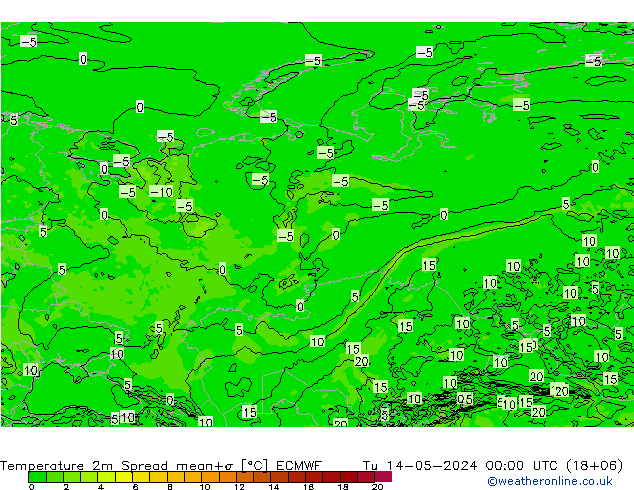 mapa temperatury 2m Spread ECMWF wto. 14.05.2024 00 UTC