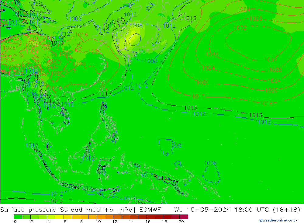 Surface pressure Spread ECMWF We 15.05.2024 18 UTC