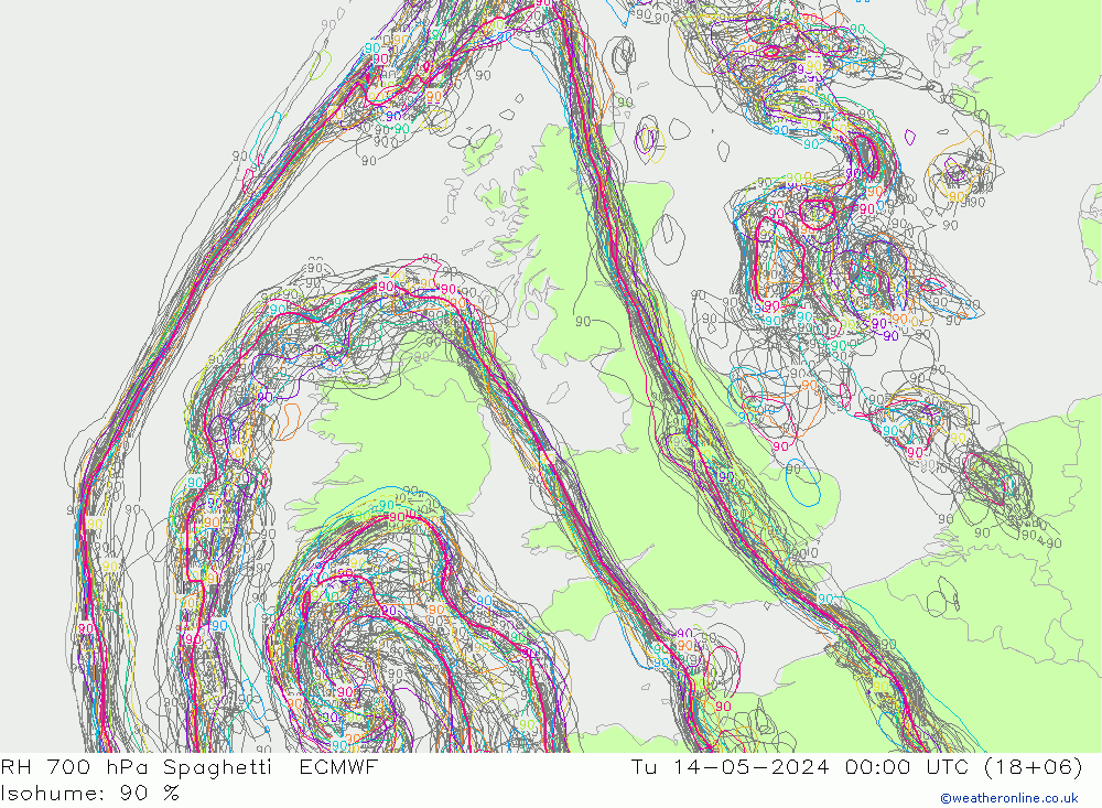 RH 700 hPa Spaghetti ECMWF Ter 14.05.2024 00 UTC