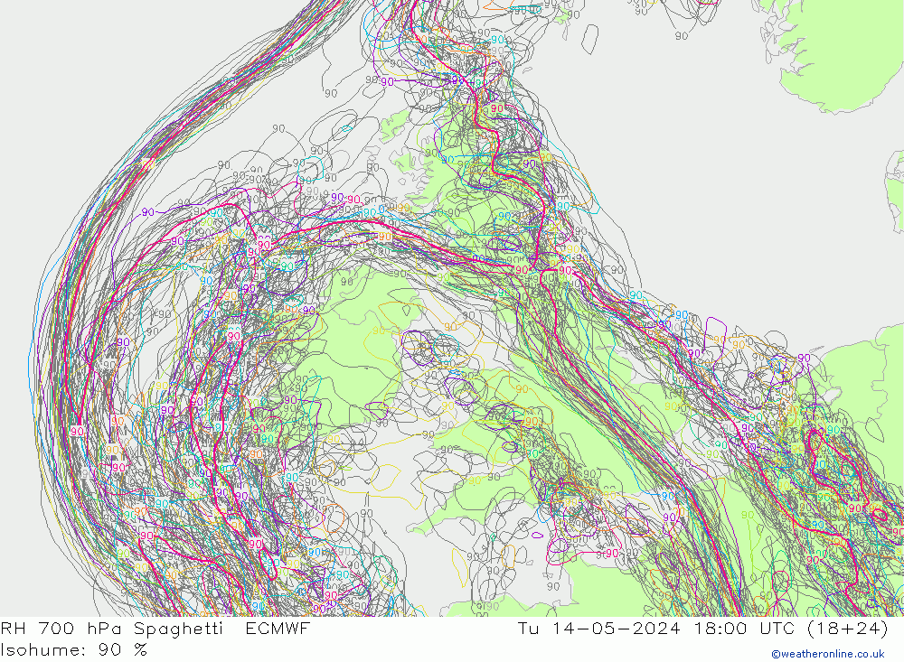 RH 700 hPa Spaghetti ECMWF wto. 14.05.2024 18 UTC