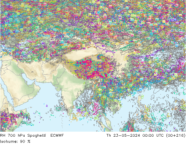 RH 700 hPa Spaghetti ECMWF Qui 23.05.2024 00 UTC