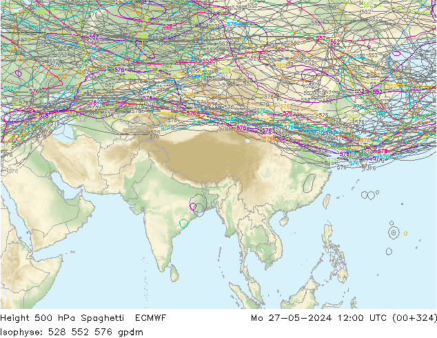 Height 500 hPa Spaghetti ECMWF Po 27.05.2024 12 UTC