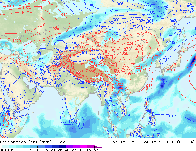 Totale neerslag (6h) ECMWF wo 15.05.2024 00 UTC