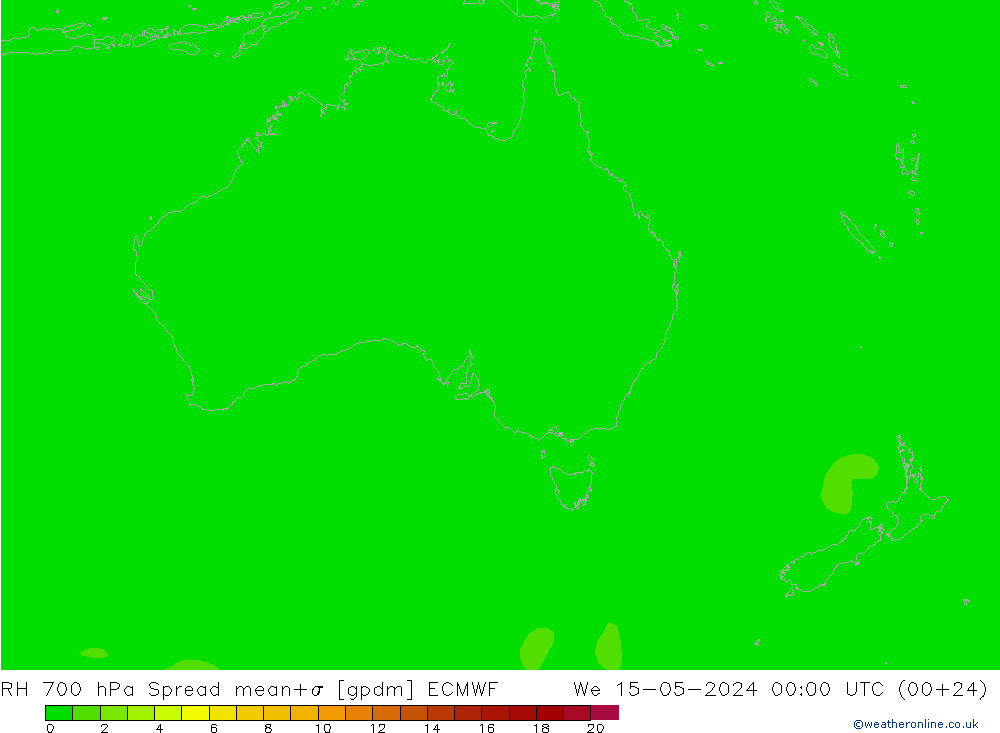 RH 700 hPa Spread ECMWF mer 15.05.2024 00 UTC