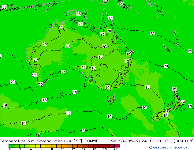 Temperatura 2m Spread ECMWF sáb 18.05.2024 12 UTC