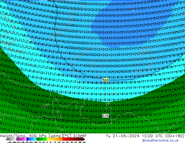 Height/Temp. 500 hPa ECMWF Tu 21.05.2024 12 UTC